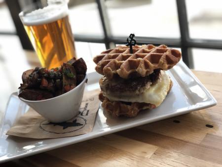 Waffle, Banger, Egg, and Aged Cheddar Sandwich Waffle, Banger, Egg, and Aged Cheddar Sandwich