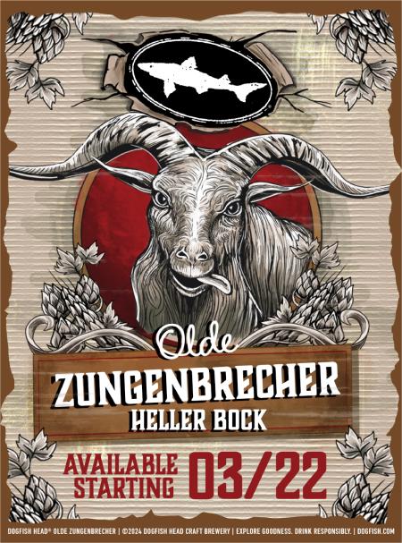 illustration of ram with the Dogfish Head logo and text reading "Olde Zungenbrecher Heller Bock available starting 3/22" on a brown and tan background