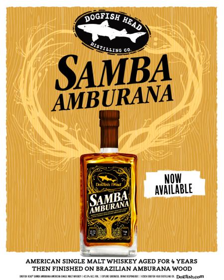 yellow graphic with the Dogfish Head logo and a rendering of Samba Amburana whiskey bottle