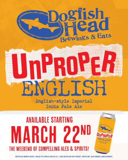 orange and white background with blue and red text and the Dogfish Head Brewings & Eats logo