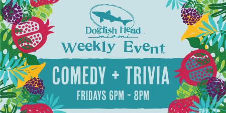 Comedy + Trivia event listing in blue that says comedy plus trivia