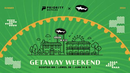 green graphic with an illustration of the Dogfish INN, text reading "Getaway Weekend" and the logos from Dogfish Head and Priority Bicycles 