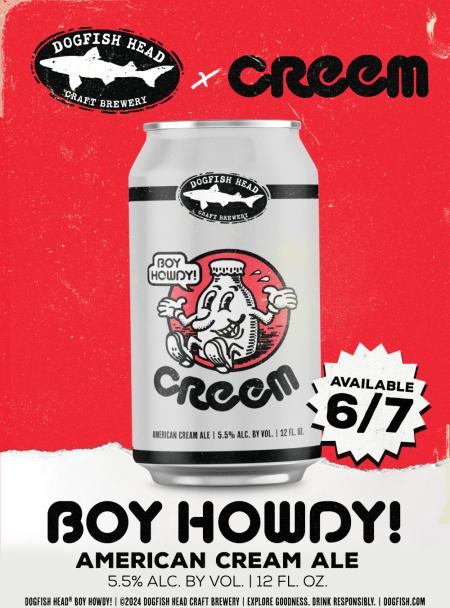Dogfish Head logo and Creem Magazine logo, can of Boy Howdy! American Cream Ale beer, red background