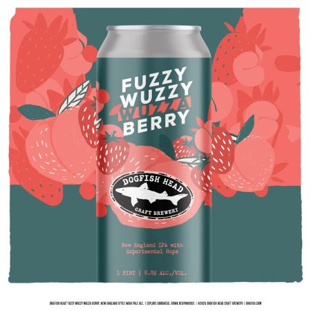 graphic showing a can rendering of Dogfish Head beer Fuzzy Wuzzy Wuzza Berry with illustrations of peaches and strawberries
