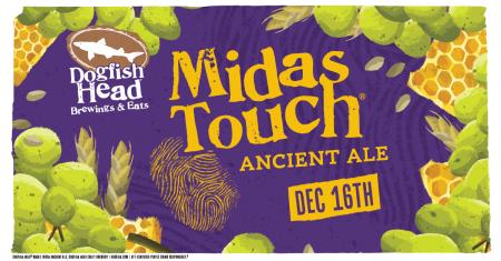 Midas Touch graphic of midas touch can label, purple background with grapes and date of release