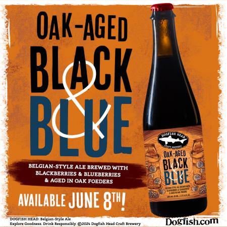 orange background, Dogfish Head logo, rendering of a bottle of Oak Aged Black & Blue beer