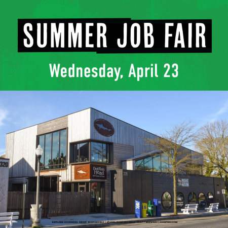 exterior photo of Dogfish Head Brewings & Eats and text that reads "Summer Job Fair"