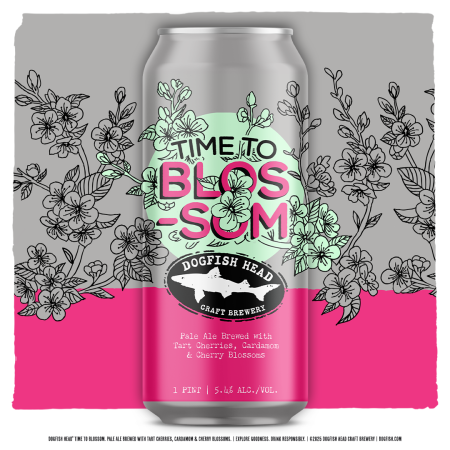 graphic showing a can rendering of Dogfish Head beer Time to Blossom with illustrations of cherry blossoms