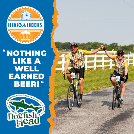 2 bikers high fiving, with a blue graphic on the left side that includes the Dogfish Head logo, Bikes & Beers logo, and a quote "nothing like a beer well earned!"