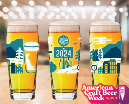 three pint full of beer with illustration of a Delaware license plate and American Craft Beer Week logo