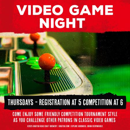 Dogfish Head logo on red backdrop with photo of a video game controller and text reading "video game night"