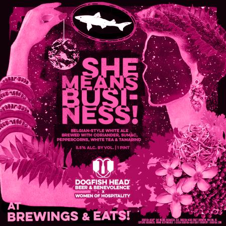 Black and hot pink graphic with text "She Means Business!"