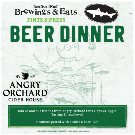 green graphic of a cartoon playing drums, with the Dogfish Head and Angry Orchard logos, and information about the Pints& Press Beer Dinner
