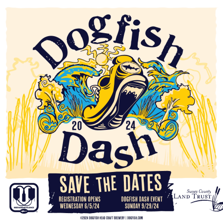 Dogfish Dash 2024 yellow background with photo of a sneaker running