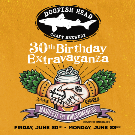 Yellow graphic for Dogfish Head's 30th birthday extravaganza