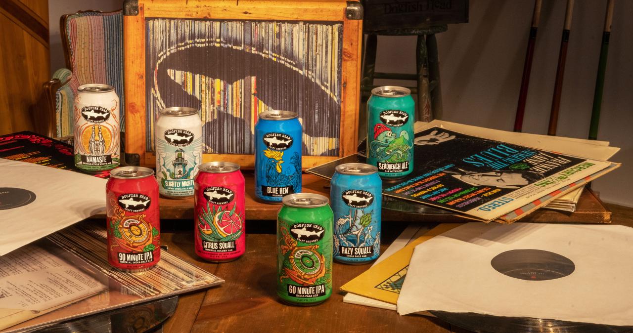 New Dogfish Head beer packaging sitting among vinyl and a record player