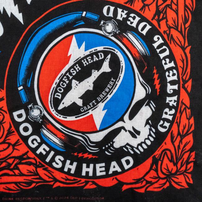 Close up of Dogfish x Grateful Dead skull logo.