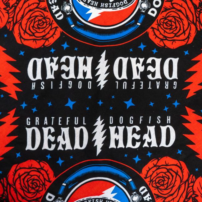 Close up of Dogfish x Grateful Dead Dead Head text