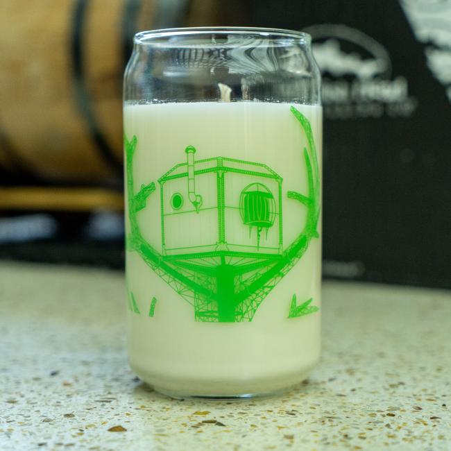 Dogfish Head Treehouse Can Glass Candle With White Candle and Green Treehouse Design on Back