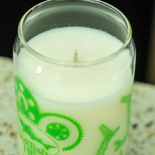 Dogfish Head Treehouse Can Glass Candle With White Candle and Green Treehouse Design on Back