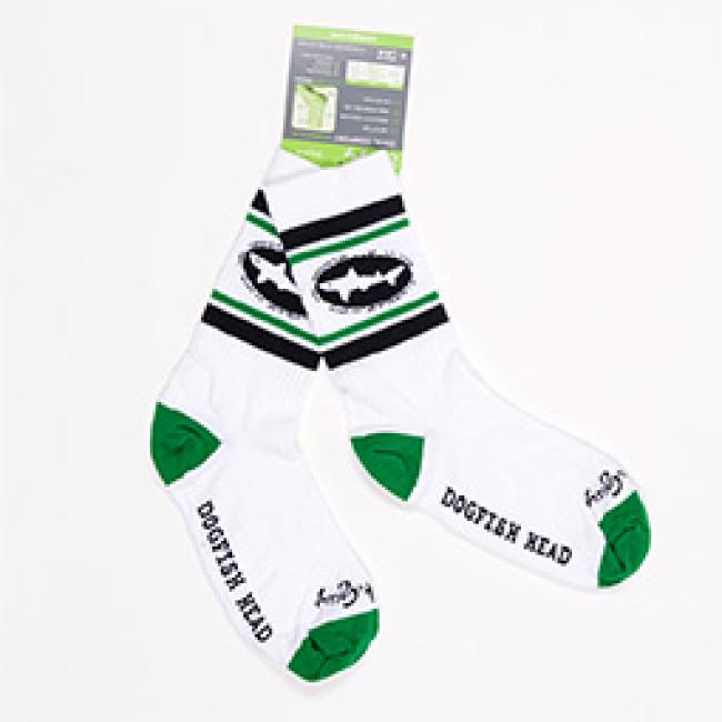 A pair of white retro-style socks with black and green Dogfish Head accents