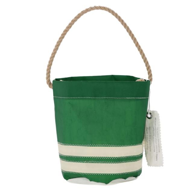 Back of the green Dogfish Head bucket bag with simple white stripes, no design, and a thick rope handle.