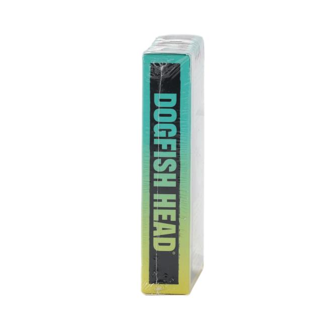 Side of the Dogfish Head playing cards box with the brand name printed vertically in bold black and teal text.