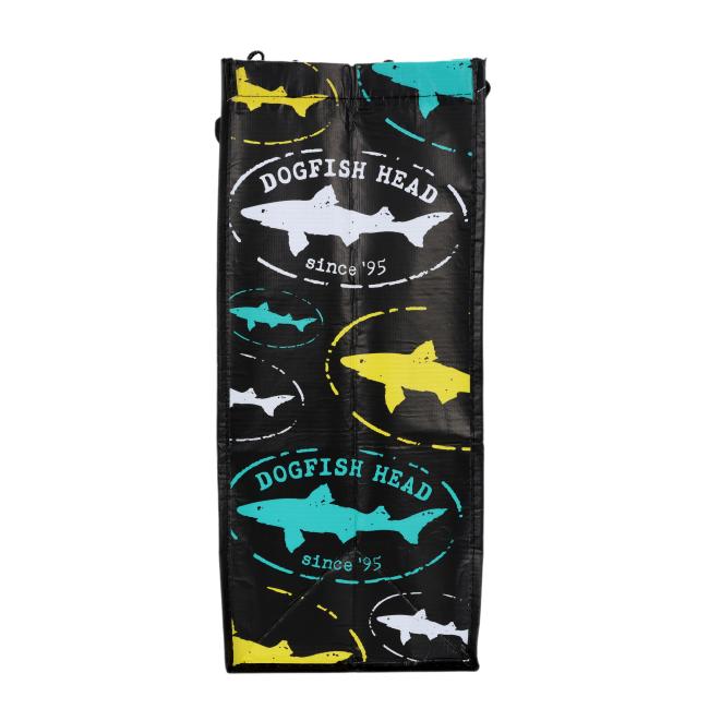 Reusable shopping tote with Dogfish Head Beer & Cocktails branding, featuring a retro trailer and sunset design on the front and colorful Dogfish Head logo patterns on the sides.