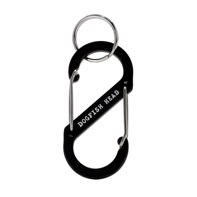 Black Dogfish Head carabiner with dual spring clips and keyring, featuring white Dogfish Head text branding.