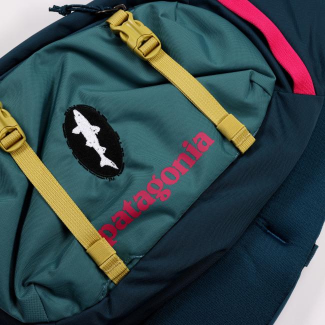 Close-up of the backpack’s front panel displaying the yellow straps, Dogfish Head shark logo patch, and pink “patagonia” text on teal fabric.