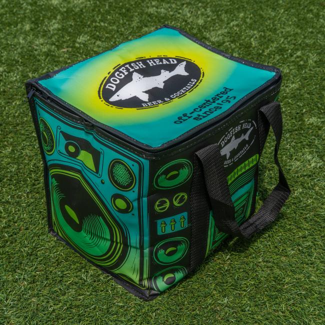 Colorful Dogfish Head cube cooler bag styled with retro stereo speaker graphics, insulated silver interior, and black carry straps.
