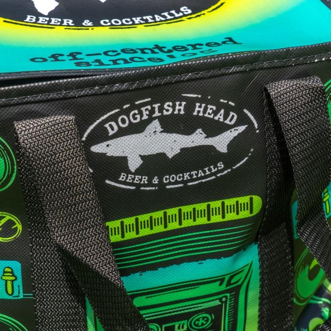 Colorful Dogfish Head cube cooler bag styled with retro stereo speaker graphics, insulated silver interior, and black carry straps.