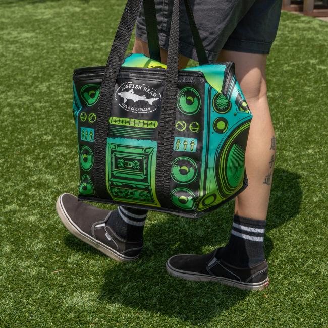 Colorful Dogfish Head cube cooler bag styled with retro stereo speaker graphics, insulated silver interior, and black carry straps.