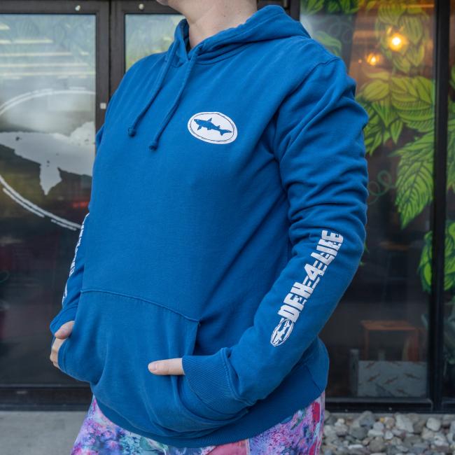 DFH4LIFE Blue Hoodie with Dogfish Head Logo In White On Chest and DFH4LIFE Down The Sleeve