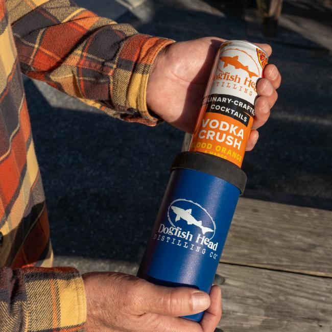 Dogfish Head Blue Distilling Slim Hopsulator for Keeping Your Drinks Cold. White Dogfish Head Logo on The Front