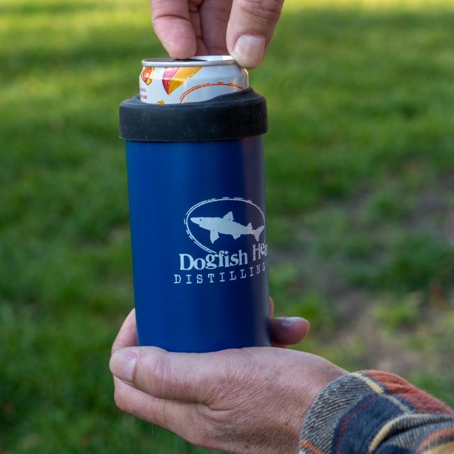 Dogfish Head Blue Distilling Slim Hopsulator for Keeping Your Drinks Cold. White Dogfish Head Logo on The Front