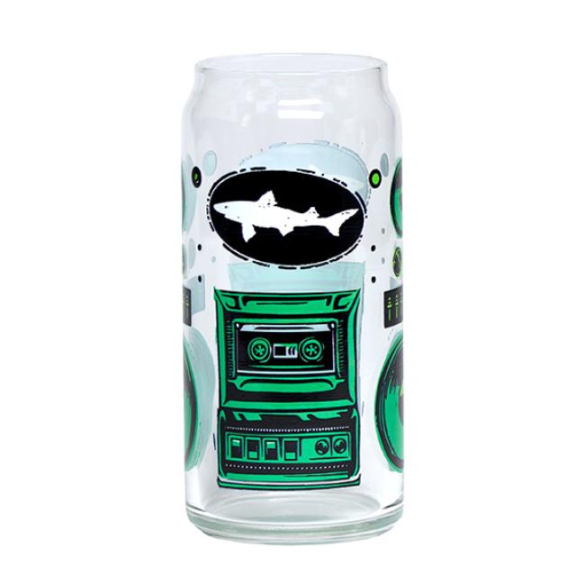 A tall boy can glass with a Dogfish Head themed retro stereo design on it.
