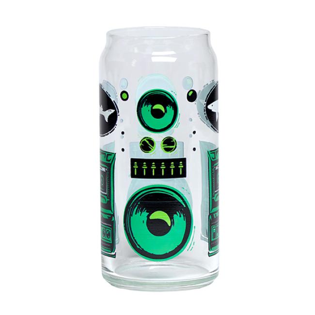 The other side of the tall boy can glass with a Dogfish Head themed retro stereo design on it.