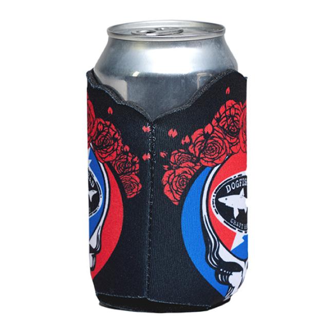 Side view of the black can cooler with the Dogfish Head and Grateful Dead collaboration skull logo on the front and red roses around the top.