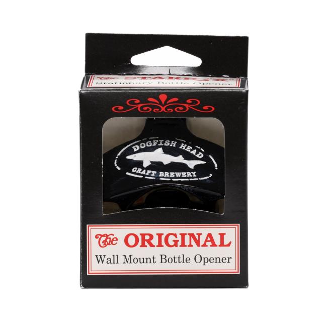 Black colored metal wall opener. pre-drilled holes for wall hanging. White Dogfish Head logo 