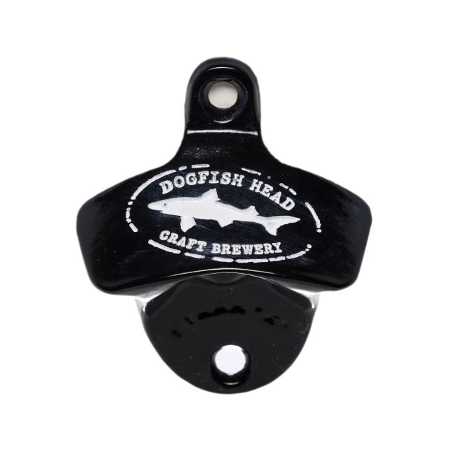 Black colored metal wall opener. pre-drilled holes for wall hanging. White Dogfish Head logo 