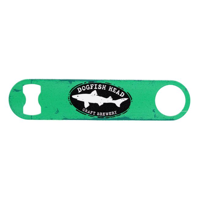 Crack open your favorite brew with this lime green Dogfish Head paddle opener. With its distressed finish and bold Dogfish Head Craft Brewery logo, this flat bar-style tool is equal parts functional and eye-catching. The dual-end design makes opening bott