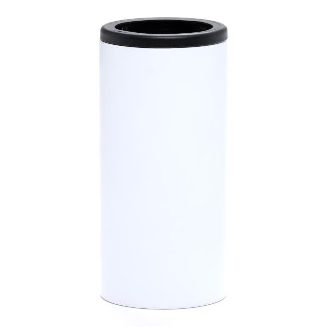 Back view of a white Dogfish Head slim can insulator with a matte finish and no design.