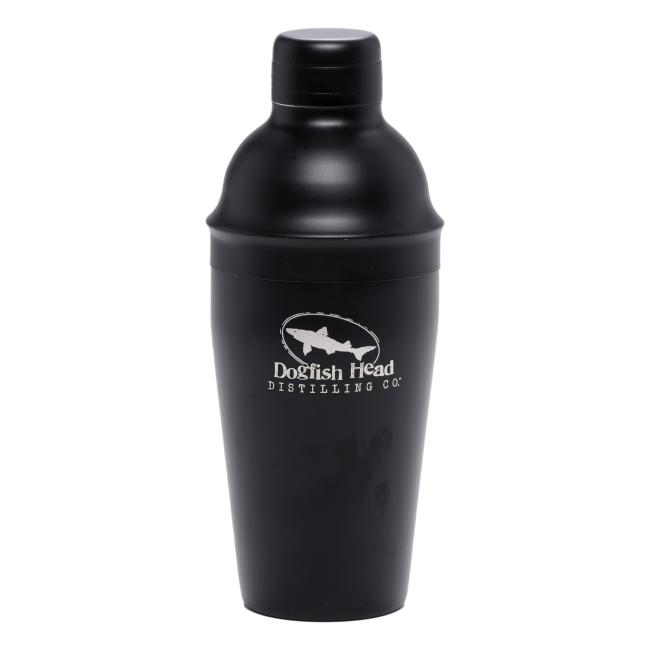 Matte black Dogfish Head Distilling Co. cocktail shaker with a silver logo on the front.