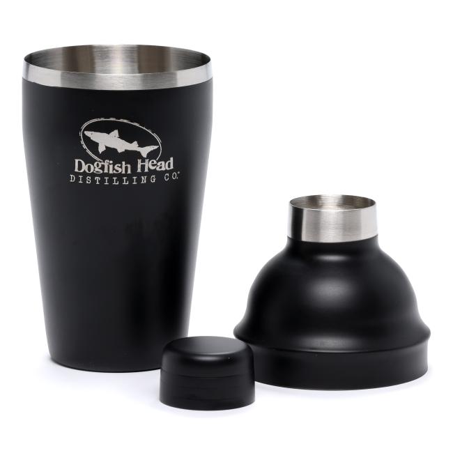Matte black Dogfish Head Distilling Co. cocktail shaker with a silver logo on the front.