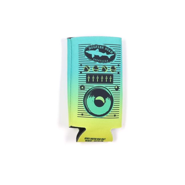 Unfolded view of the Dogfish Head slim can cooler showing the full boombox design across the front and brand text at the bottom tab.