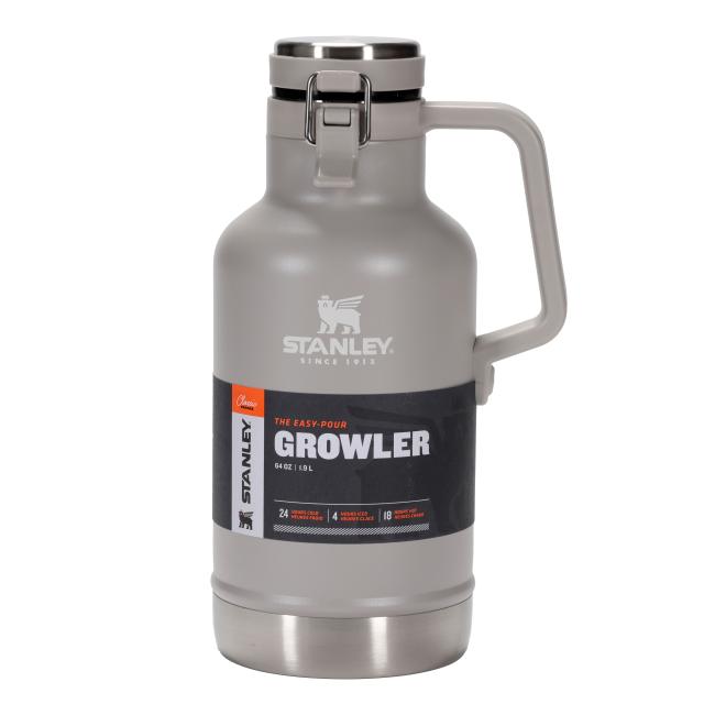 64oz Dogfish Head Stanley Growler in ash gray with stainless steel base and lid, featuring Dogfish Head logo on one side and Stanley branding on the other.