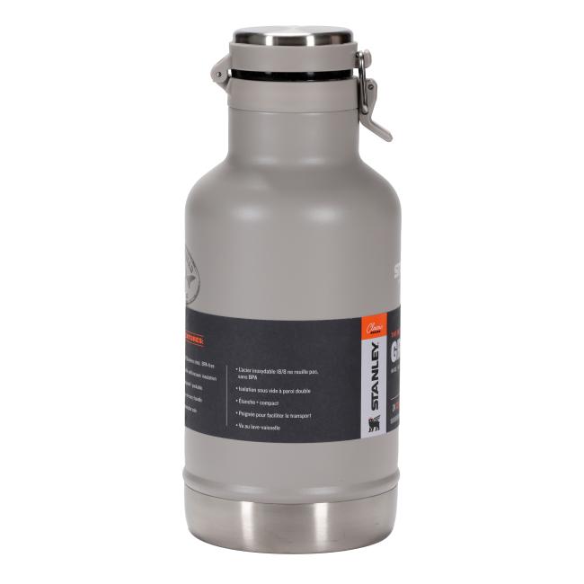 64oz Dogfish Head Stanley Growler in ash gray with stainless steel base and lid, featuring Dogfish Head logo on one side and Stanley branding on the other.