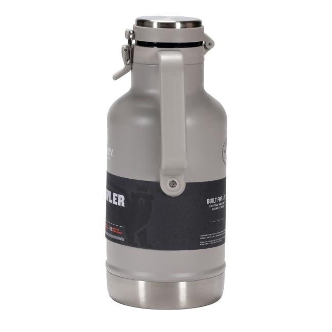 64oz Dogfish Head Stanley Growler in ash gray with stainless steel base and lid, featuring Dogfish Head logo on one side and Stanley branding on the other.