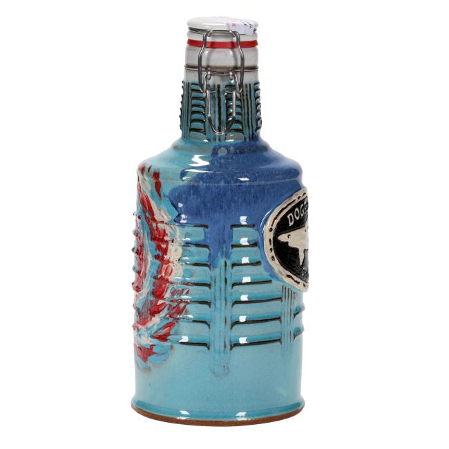 Angled view showing both the tie-dye swirl and the front brewery logo on the growler.